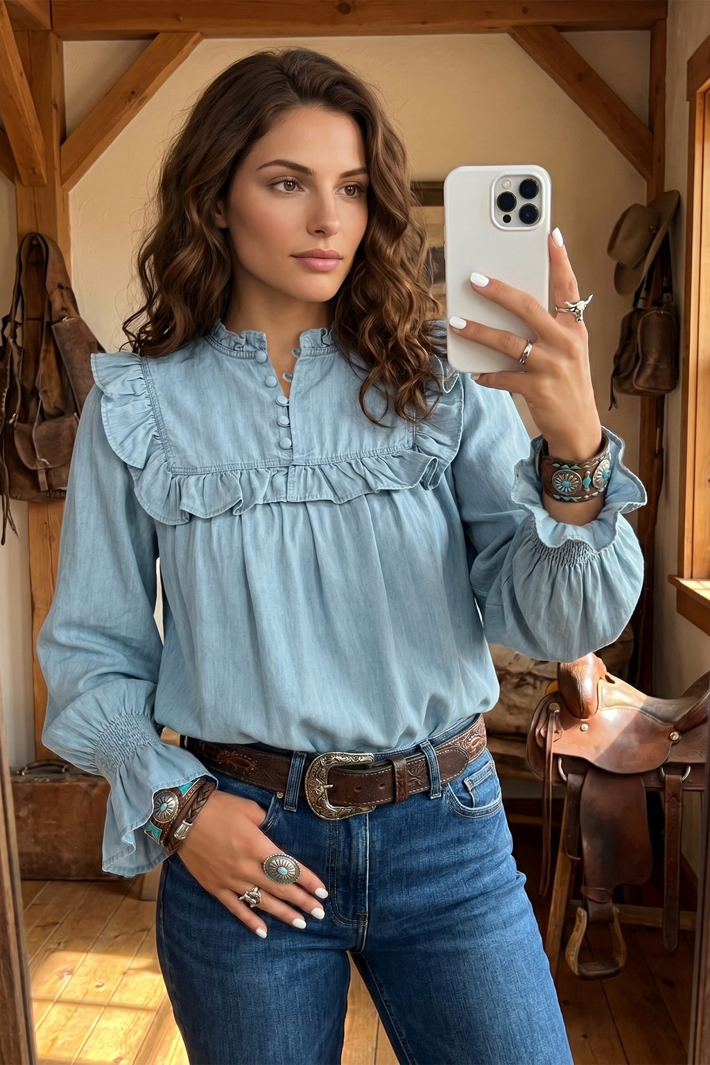 Beau Blue Western Ruffle V Neck Long Sleeve Chambray Blouse