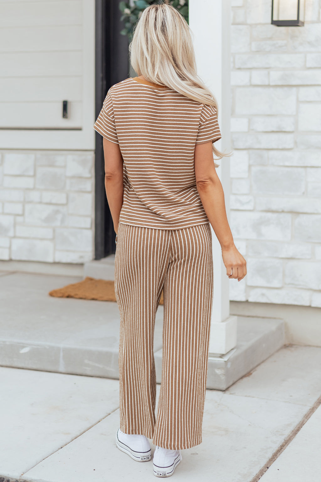 Green Stripe Crew Neck Tee Drawstring Waist Cropped Pants Set