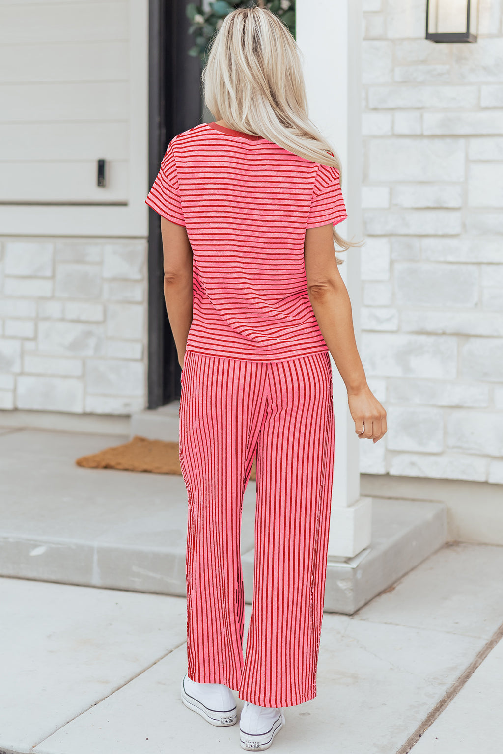 Green Stripe Crew Neck Tee Drawstring Waist Cropped Pants Set