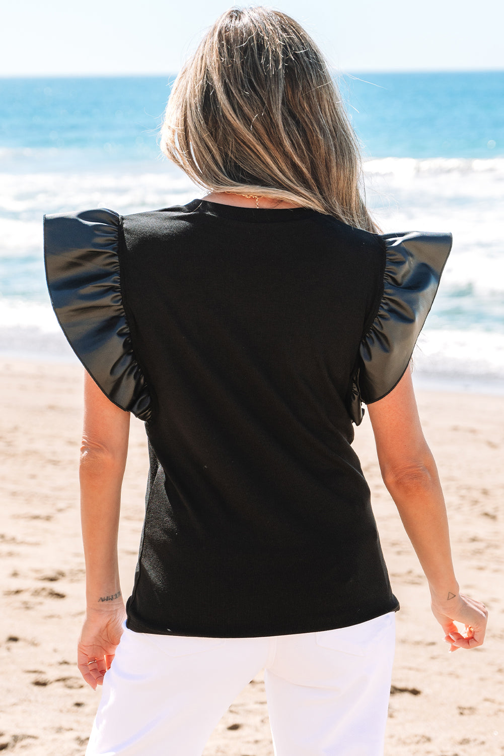 Black Leather Ruffle Sleeve Patchwork Round Neck Blouse