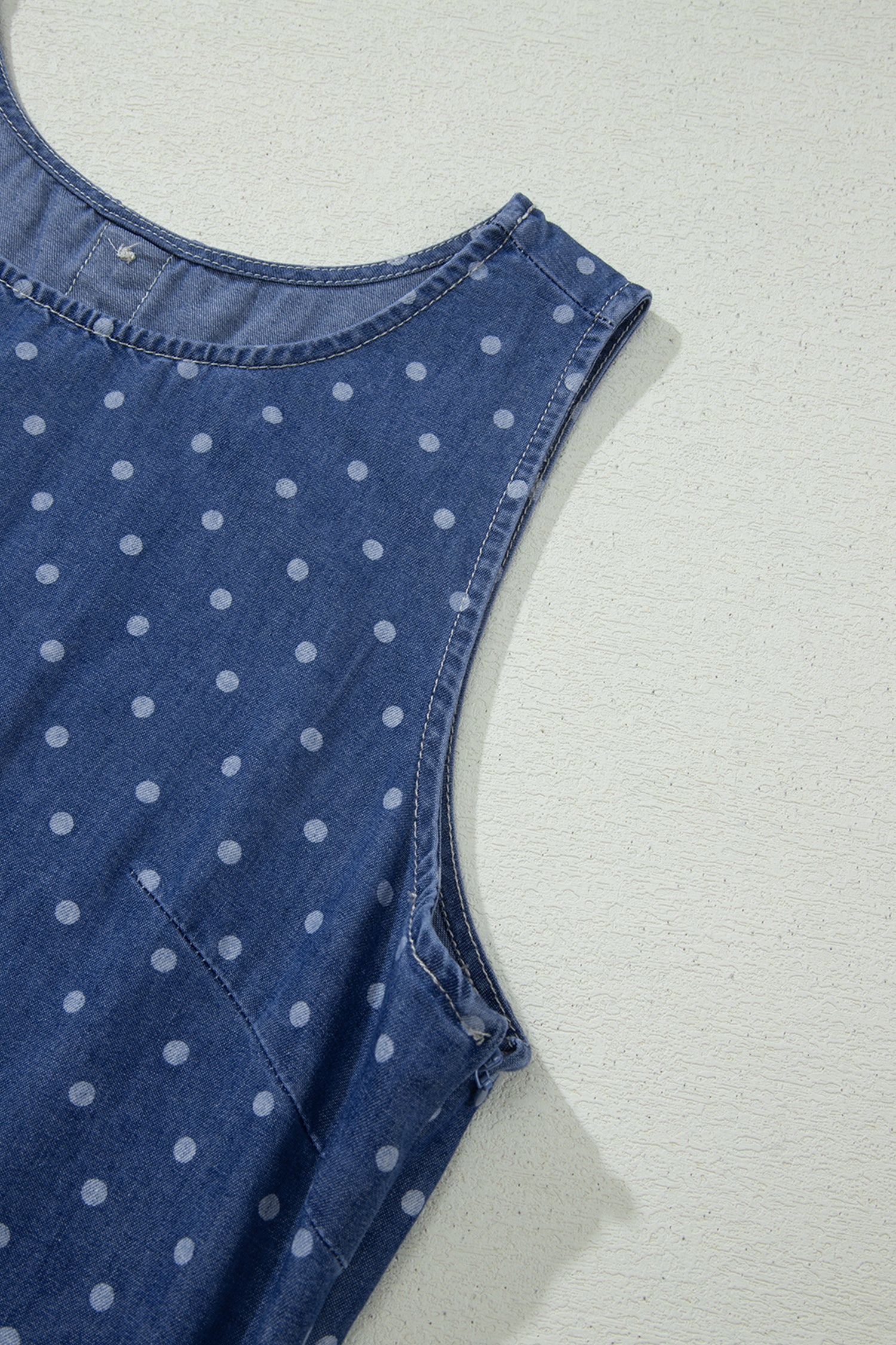 Blue Polka Dot Ruffle Hem Sleeveless Denim Mini Dress