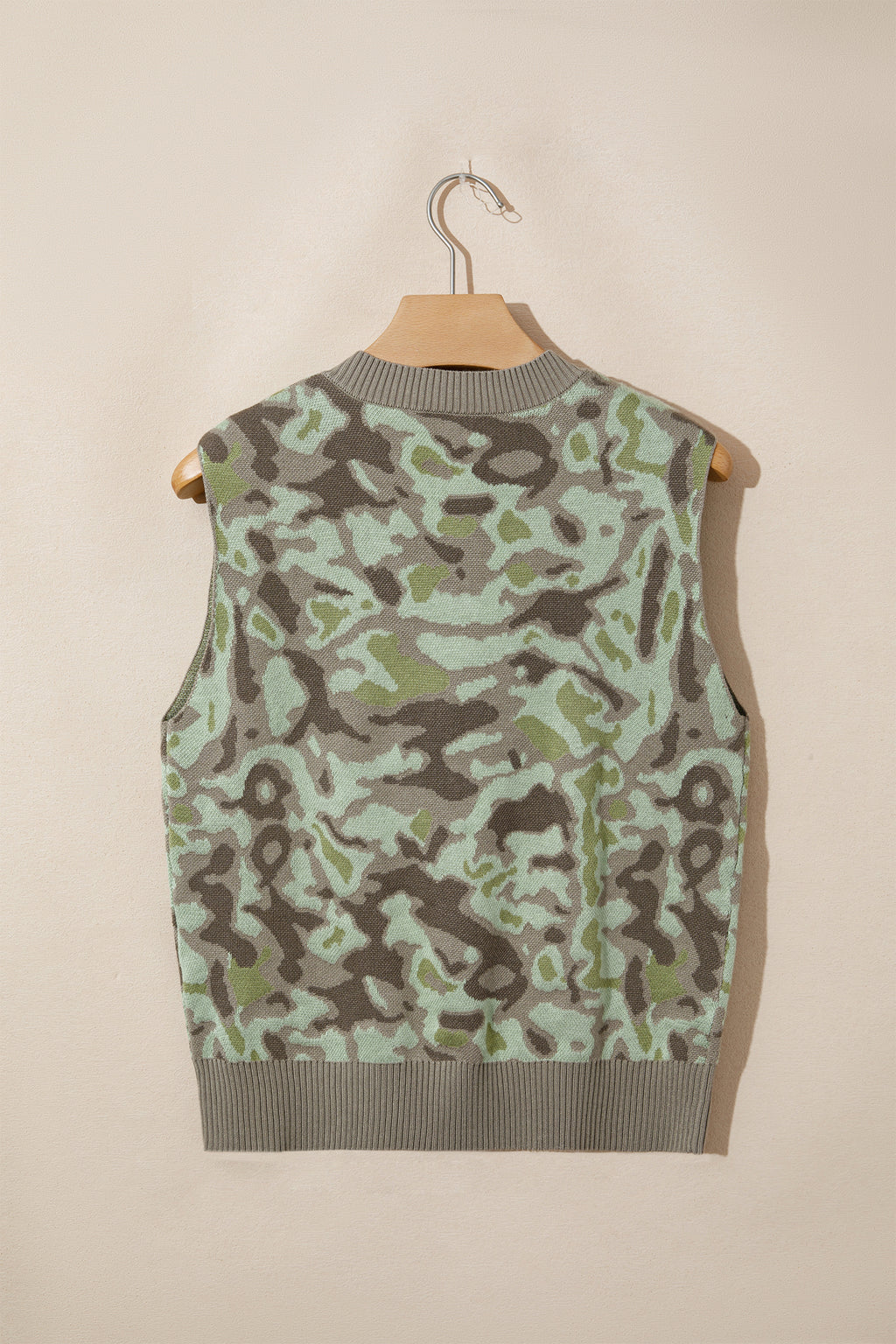 Green Camo Print Button Front Loose Sweater Vest