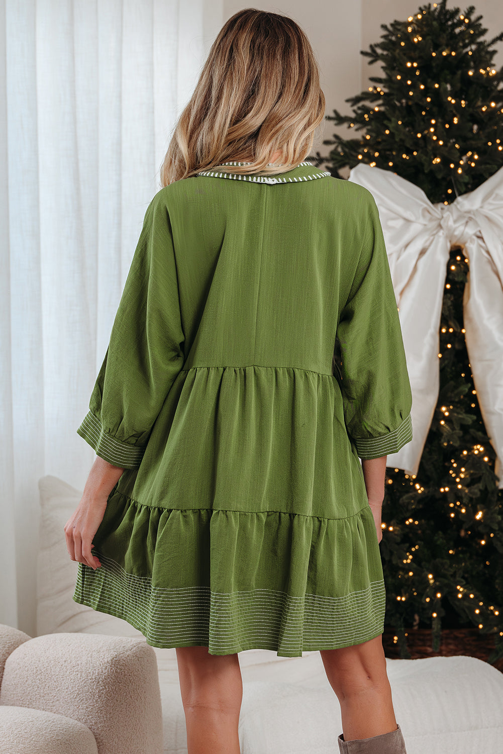 Black Contrast Stitched V Neck 3/4 Sleeve Tiered Mini Dress