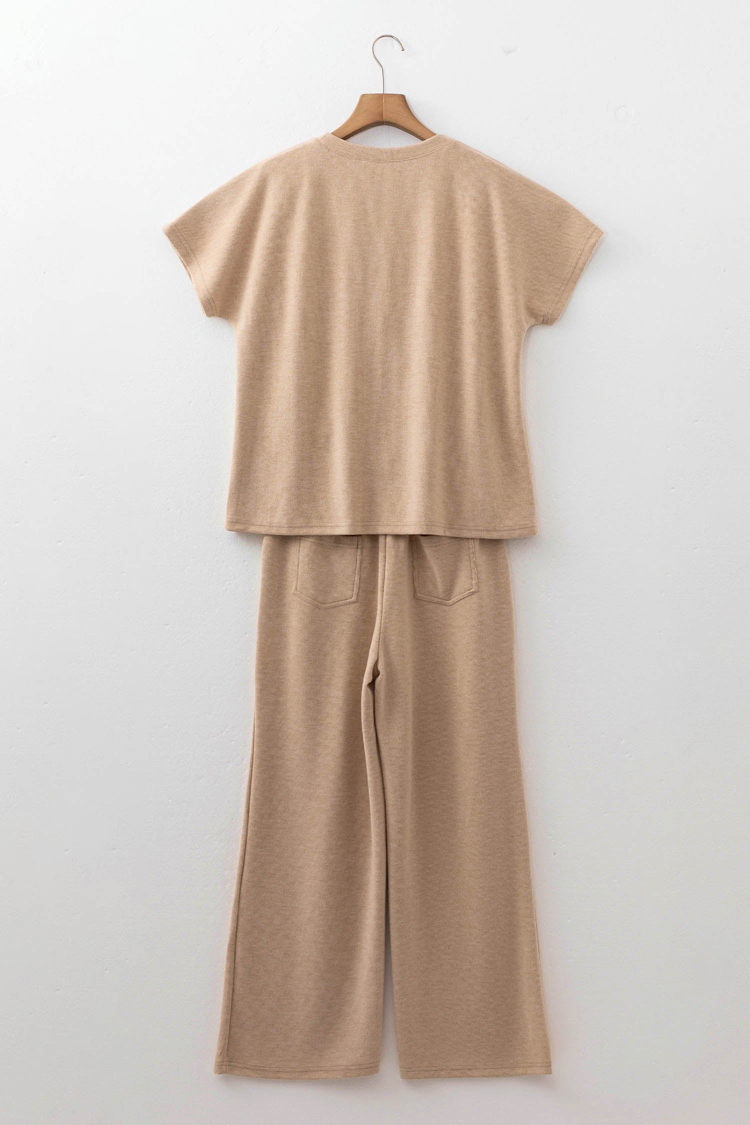 Light French Beige Solid Color Short Sleeve Ribbed Top Casual Pants 2pcs Set