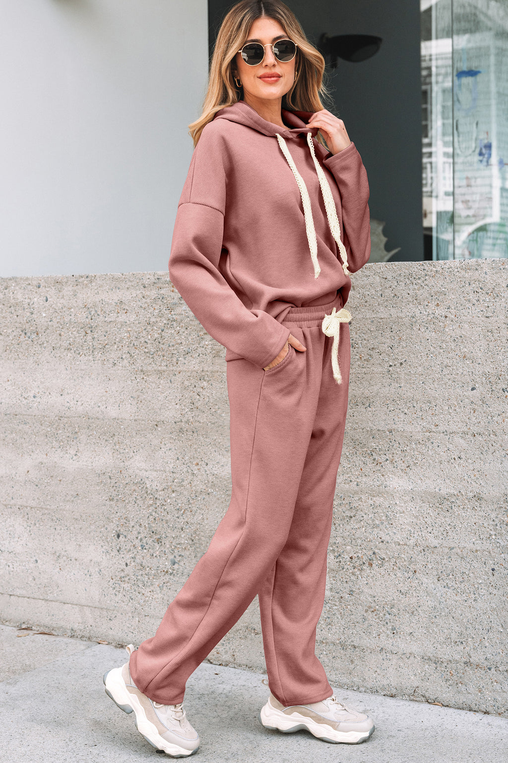 Casual Lace Drawstring Pullover Hoodie and High Waist Pants Corduroy Suit