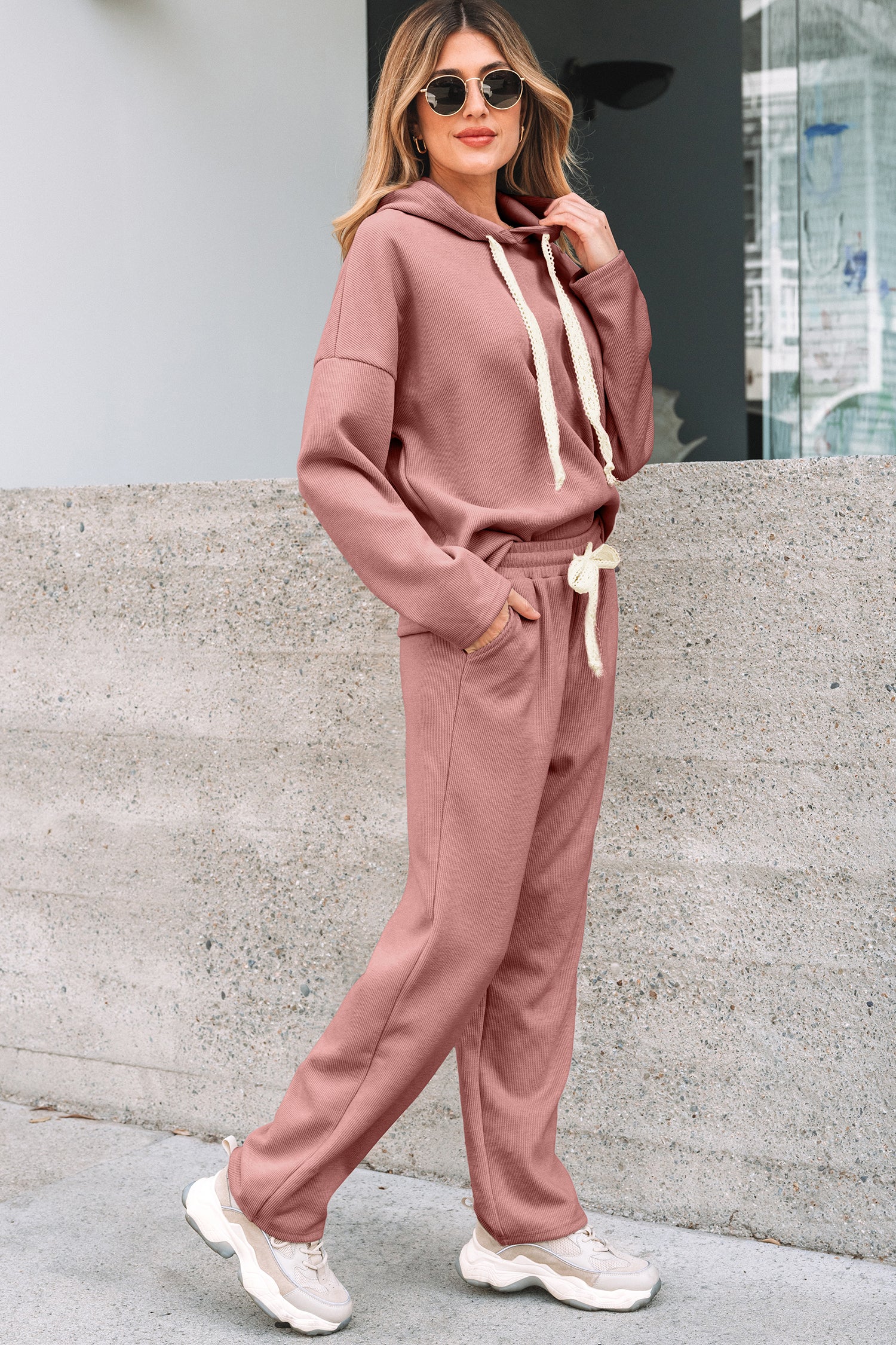 Casual Lace Drawstring Pullover Hoodie and High Waist Pants Corduroy Suit
