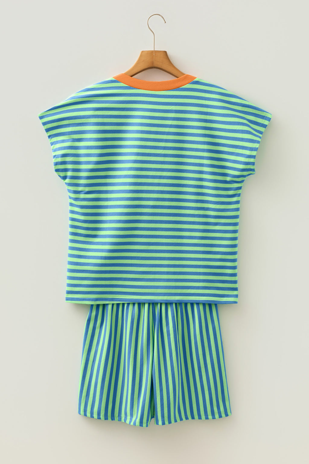 Red Stripe Colorblock Trim V Neck Tee Drawstring Elastic Waist Short Set