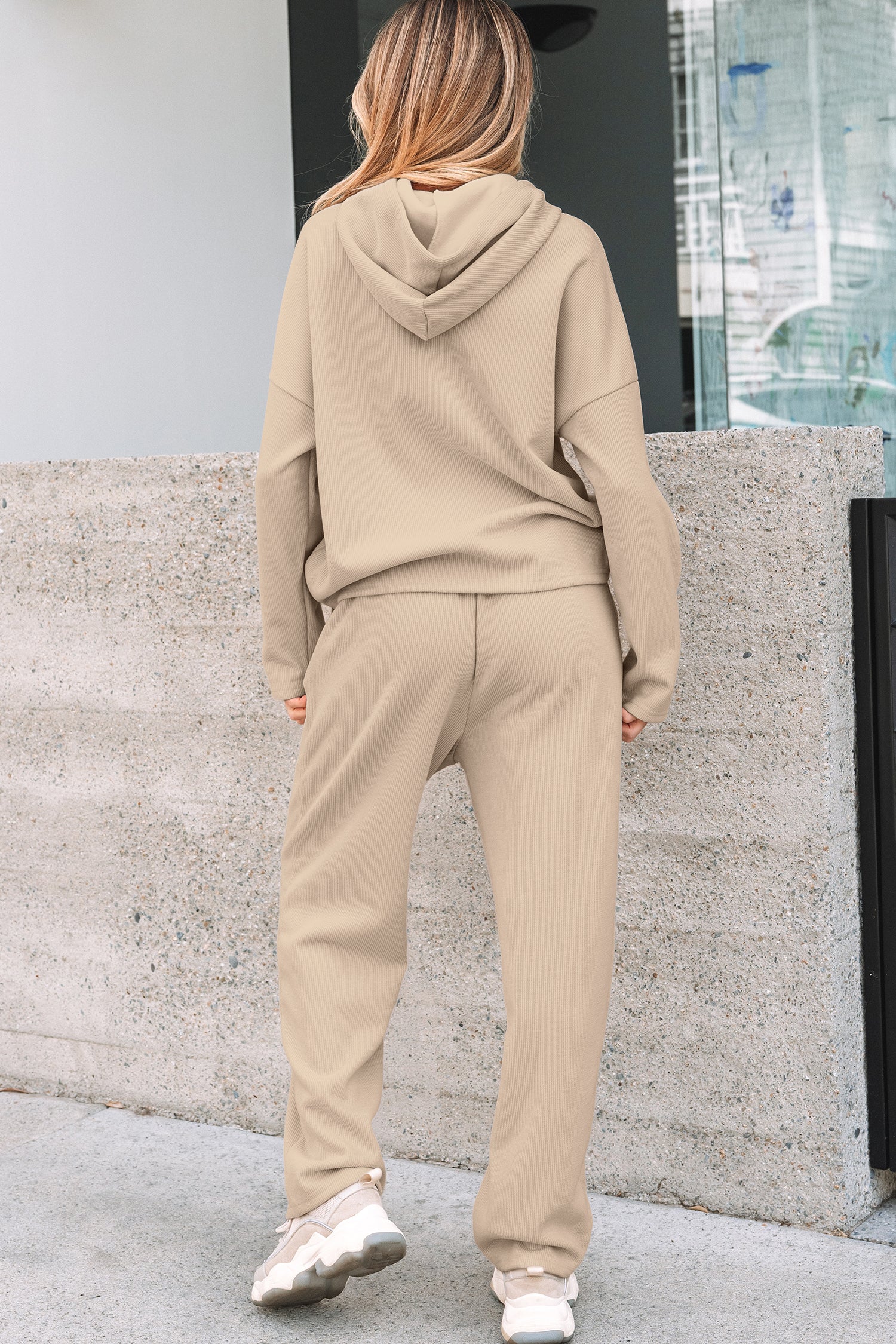 Casual Lace Drawstring Pullover Hoodie and High Waist Pants Corduroy Suit