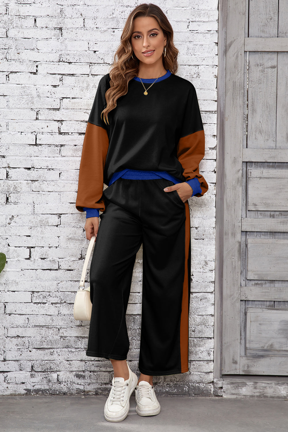 Rose Red 2pcs Color Block Pullover Loose Pant Set