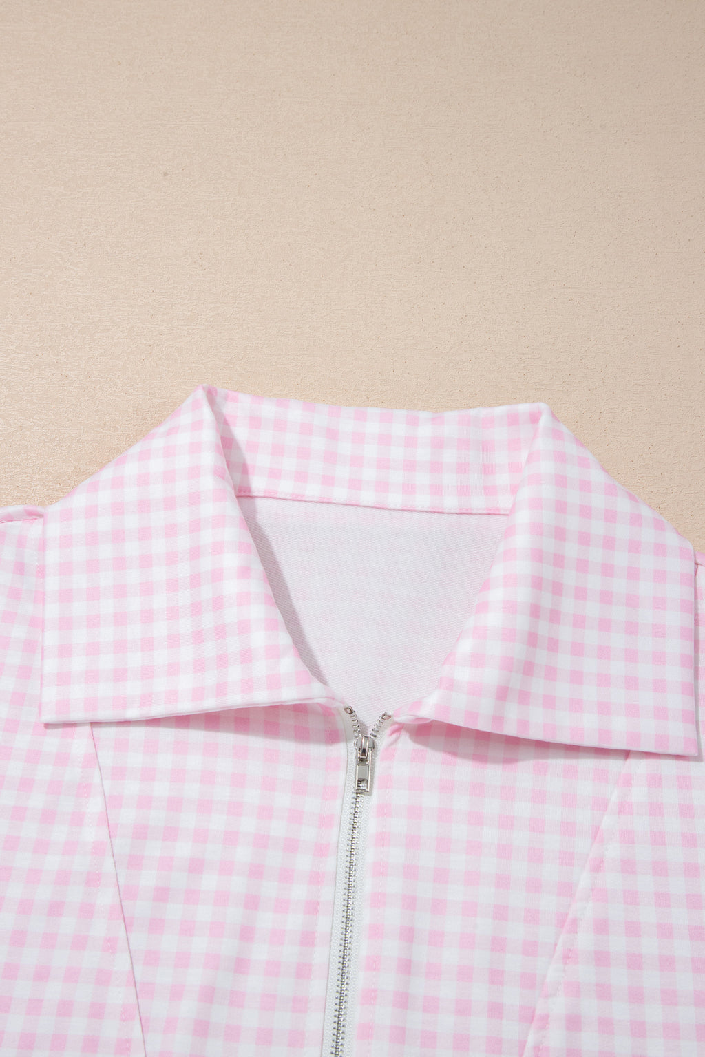 Pink Plaid Zip Neck Sleeveless Top Elastic Waist Shorts Casual Two Piece Short Set