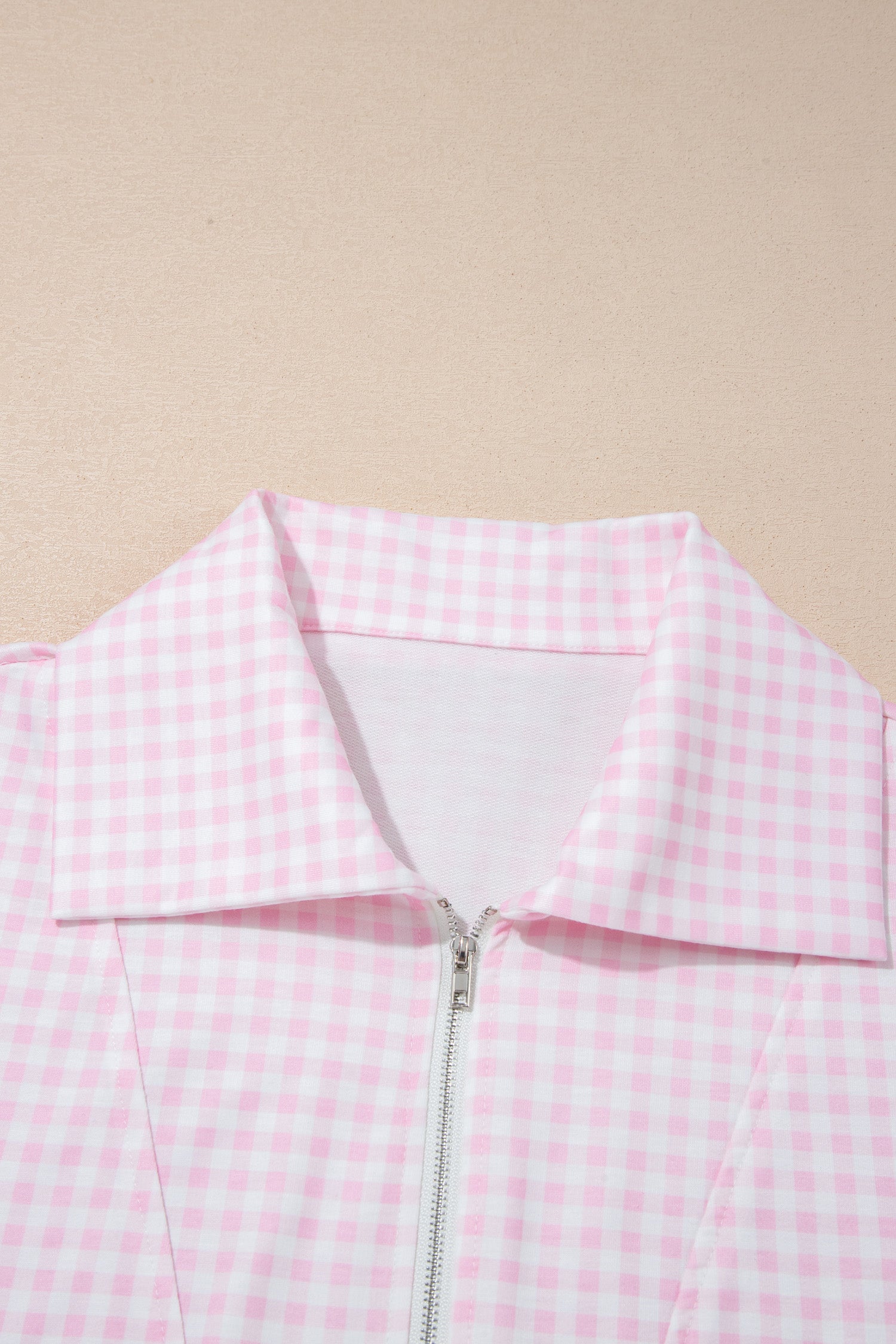 Pink Plaid Zip Neck Sleeveless Top Elastic Waist Shorts Casual Two Piece Short Set