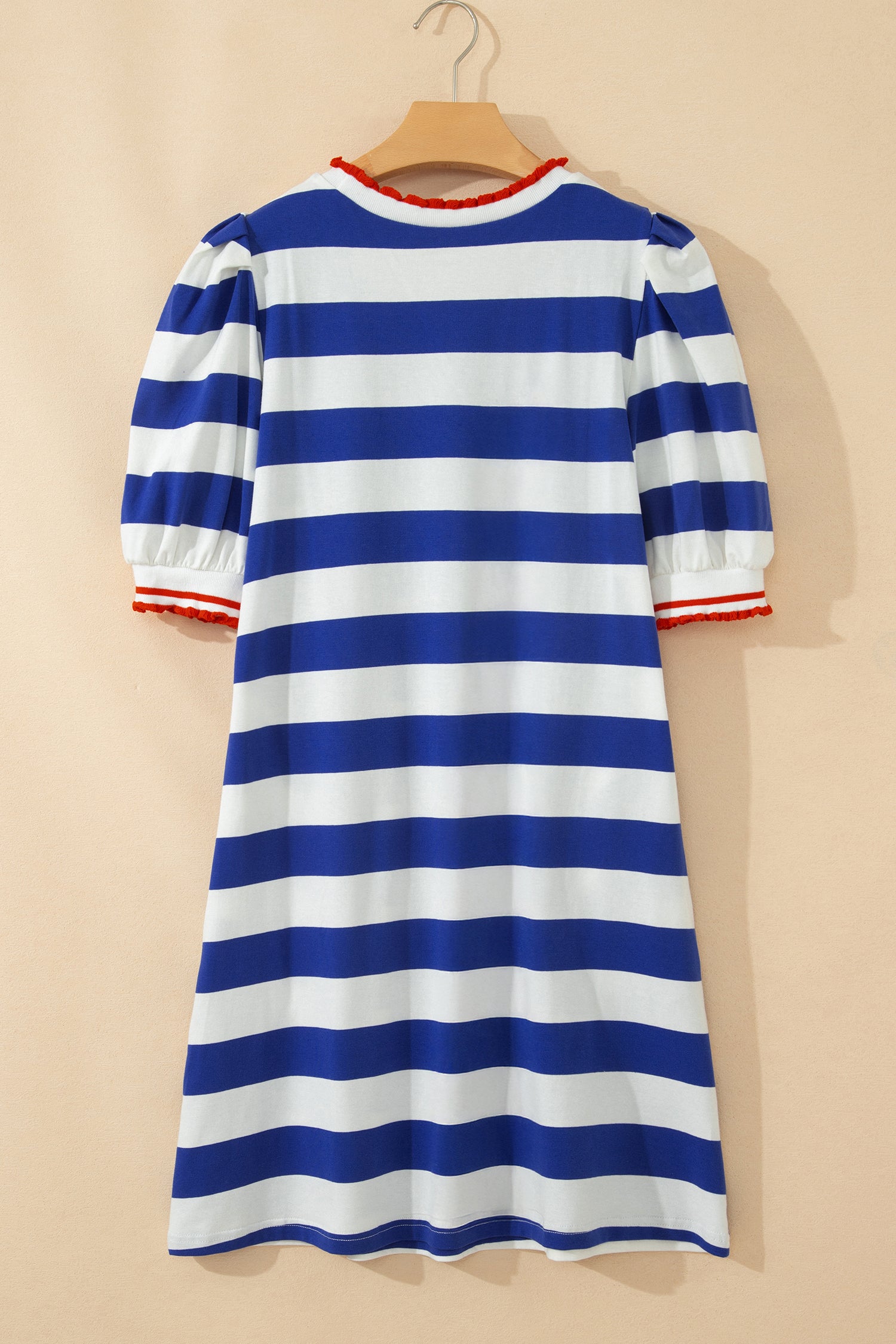 Red Stripe Contrast Trim Round Neck Short Puff Sleeve Shift Mini Dress