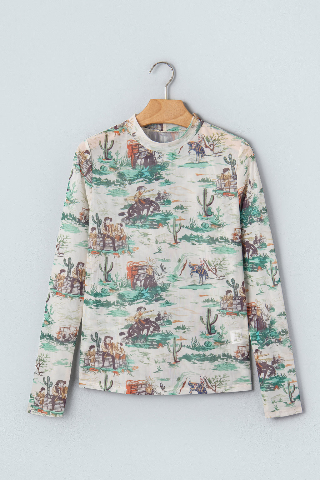 Green Western Print Long Sleeve Round Neck Slim Top