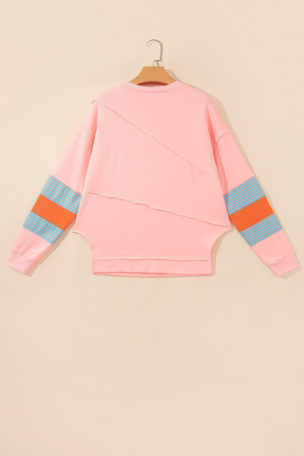 Pink Colorblock Striped Patchwork Long Sleeve Round Neck Blouse