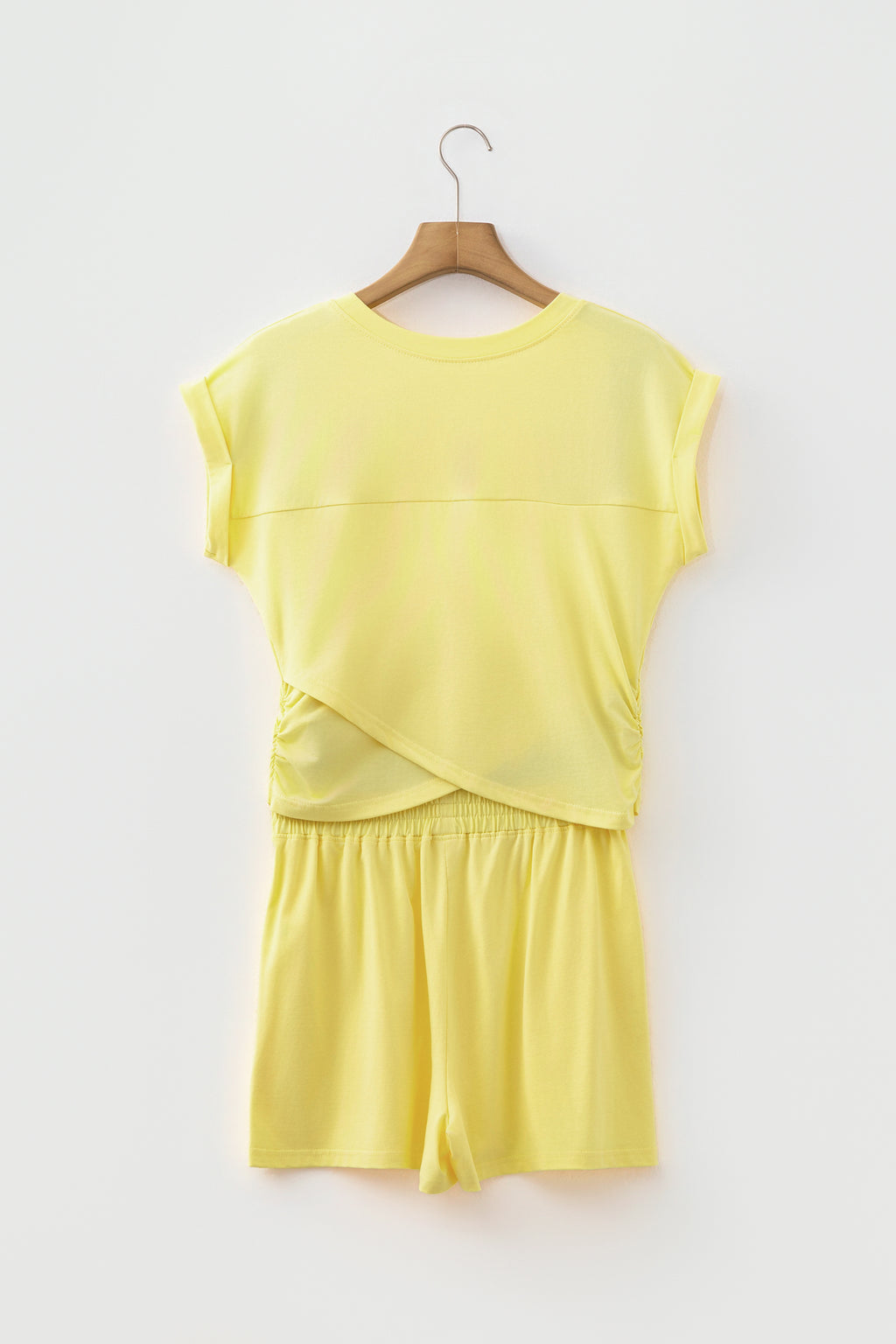 Mist Blue Solid Short Sleeve Elastic Waist Pocket Casual Two Piece Short Set
