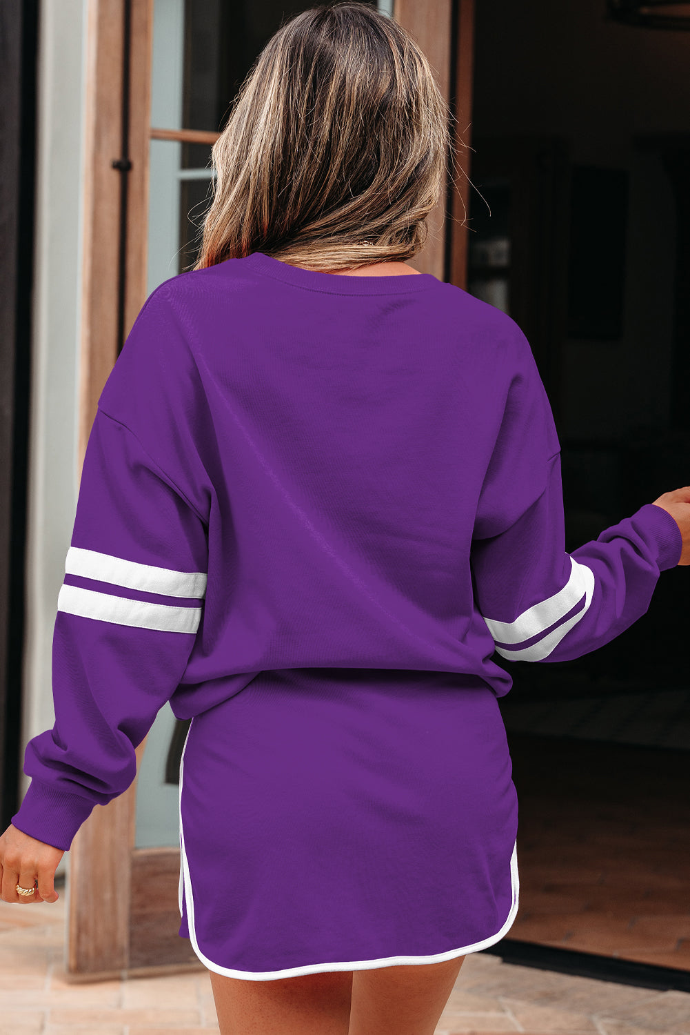 Black Varsity Stripe Detail Drop Shoulder Pullover Mini Skort Set