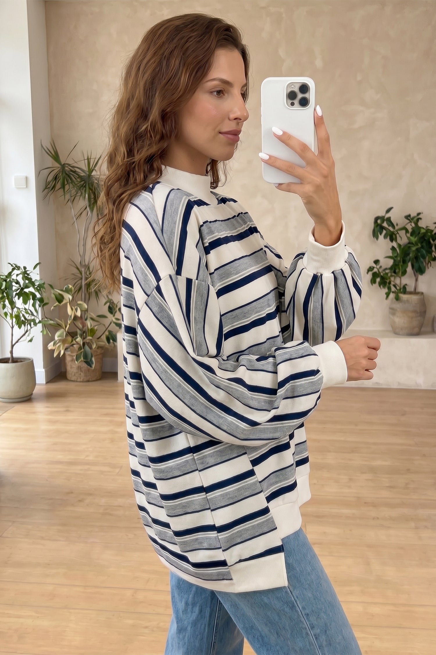 Blue Stripe Striped Ribbed Stand Neck Long Sleeve Shift Silhouette Sweatshirt