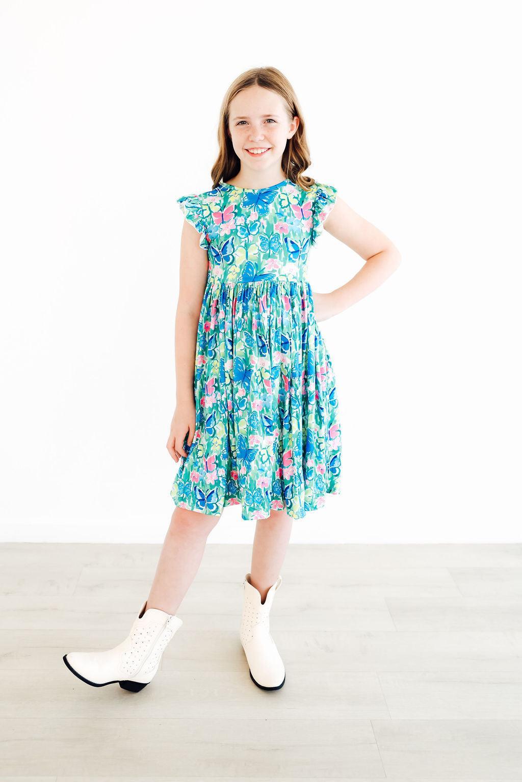 Watercolor Butterflies Flutter Sleeve Twirl Dress