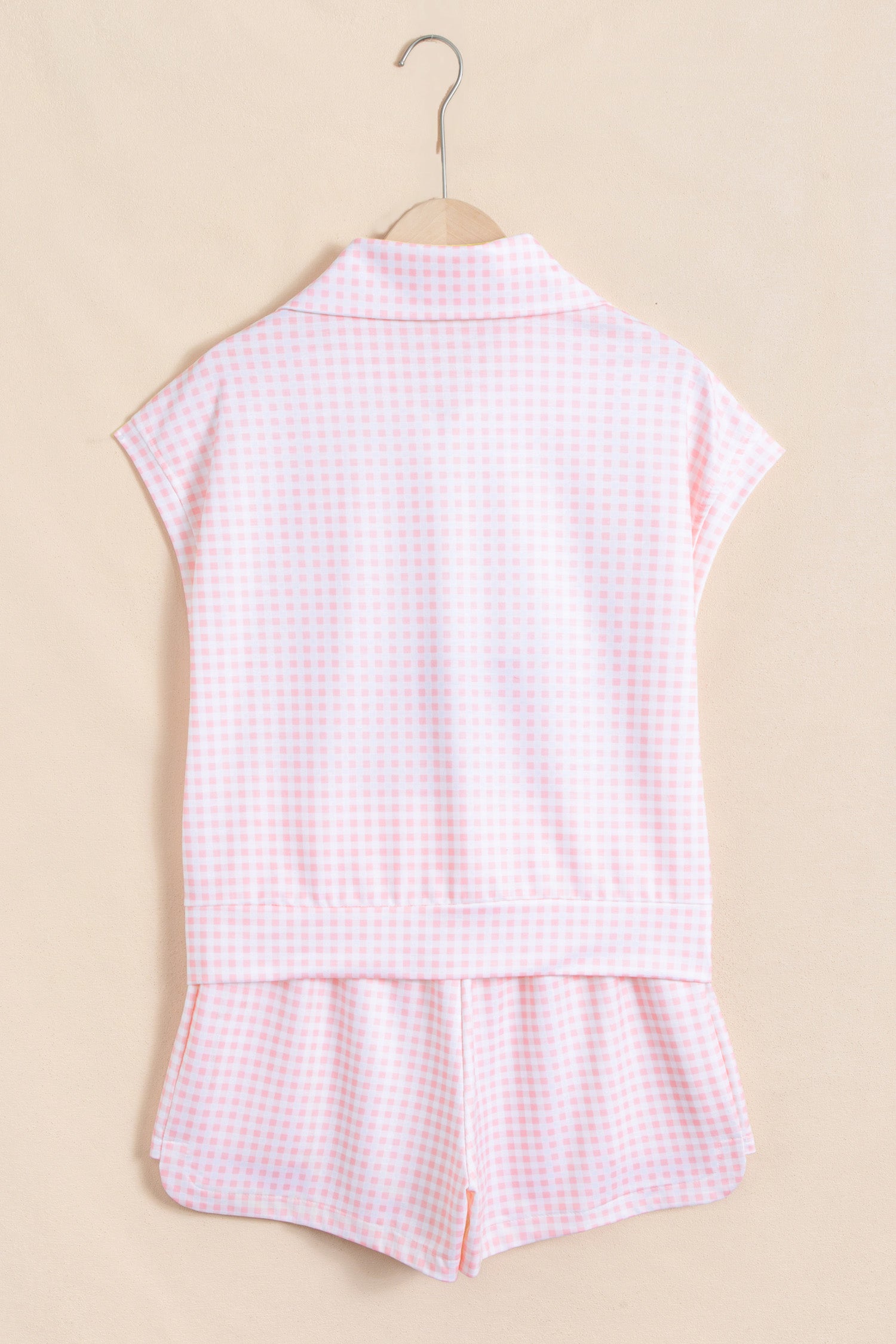 Pink Plaid Zip Neck Sleeveless Top Elastic Waist Shorts Casual Two Piece Short Set