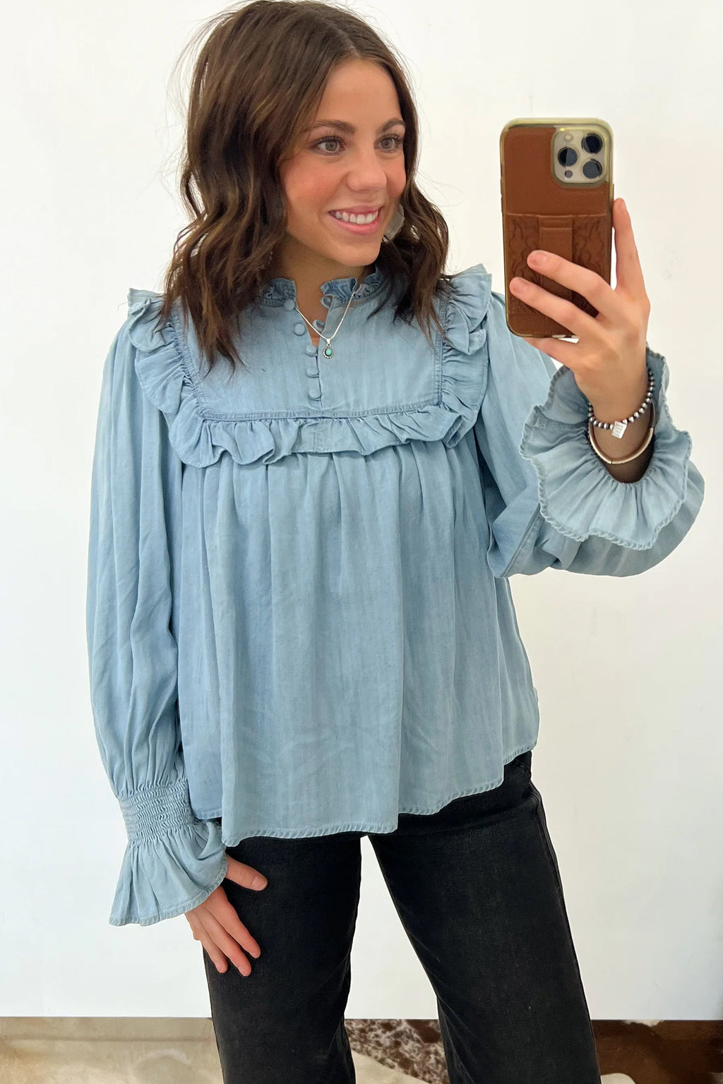 Beau Blue Western Ruffle V Neck Long Sleeve Chambray Blouse