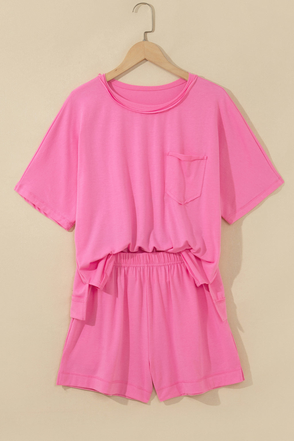 Strawberry Pink Raw Edge Patch Pocket Oversized Top and Shorts Set