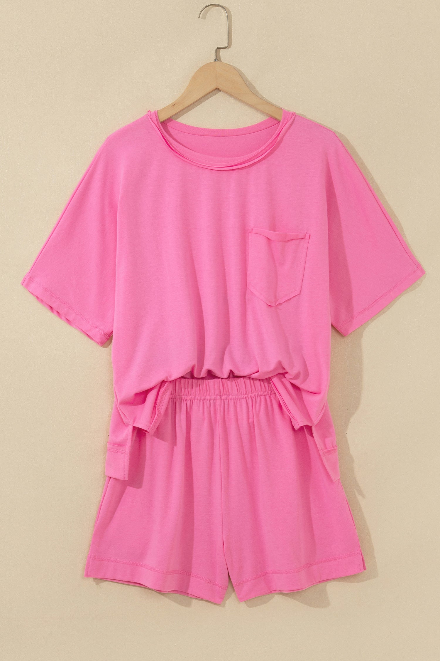 Strawberry Pink Raw Edge Patch Pocket Oversized Top and Shorts Set