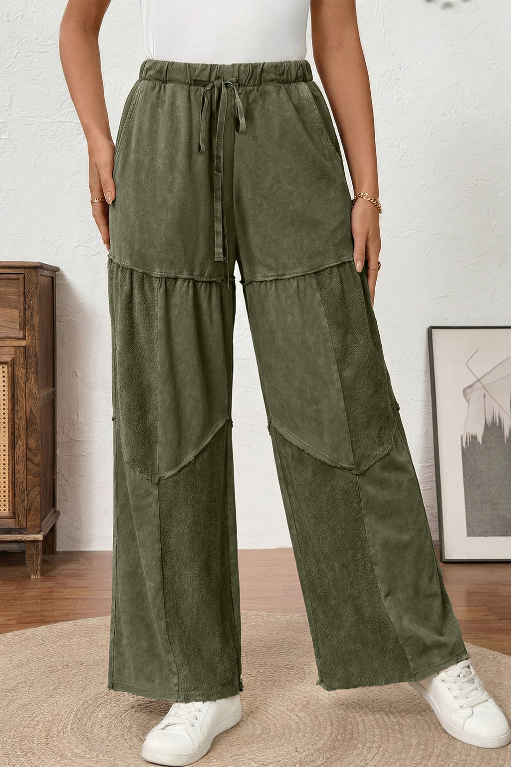 Vineyard Green Mineral Wash Tiered Wide Leg Patchwork Drawstring Pants