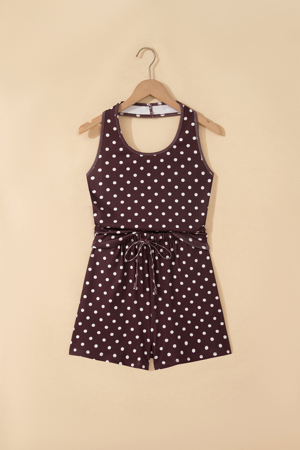 Pink Polka Dot Halter Tank Drawstring Elastic Waist Short Set