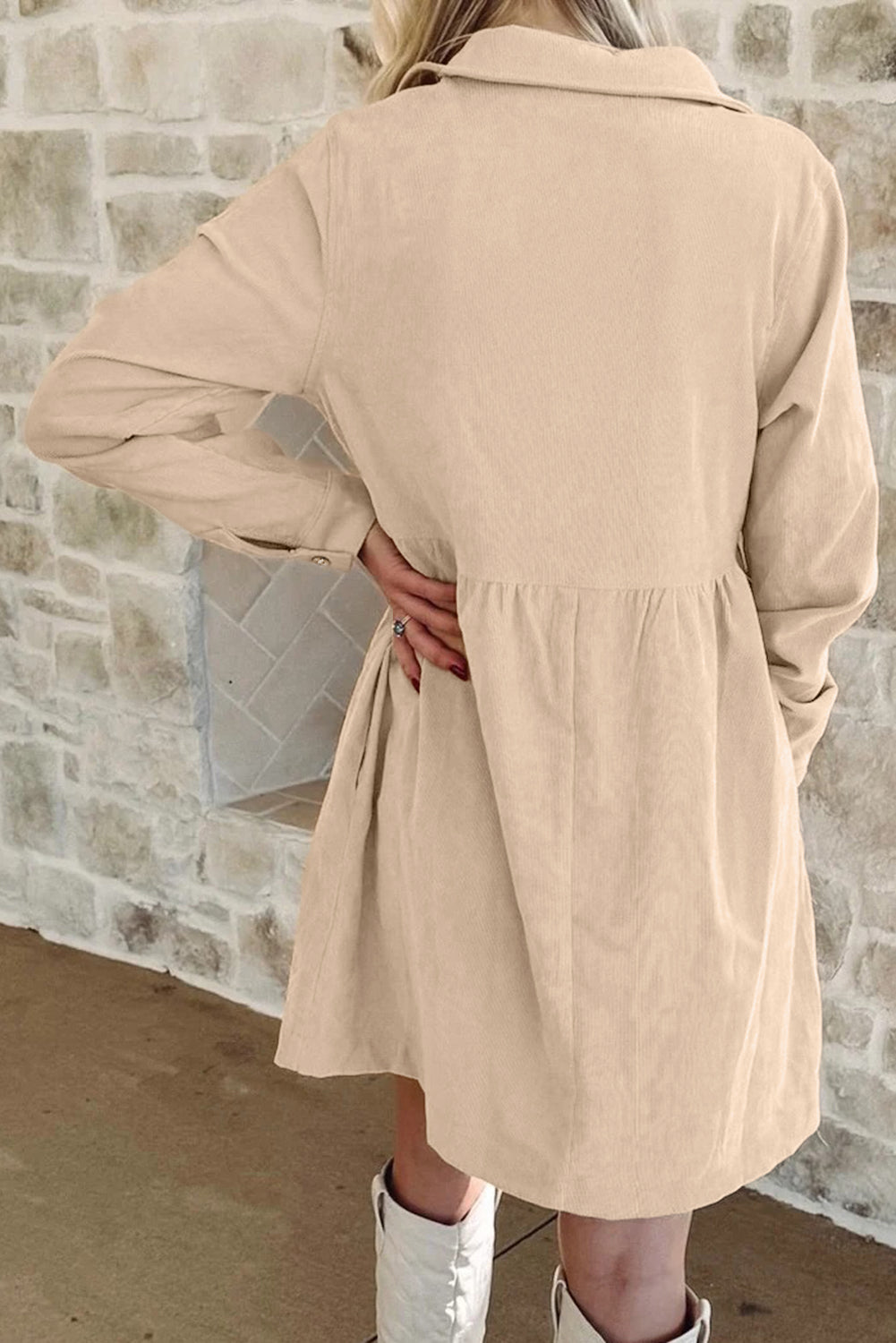 Vineyard Green Corduroy Half Button Collared Long Sleeve Mini Dress