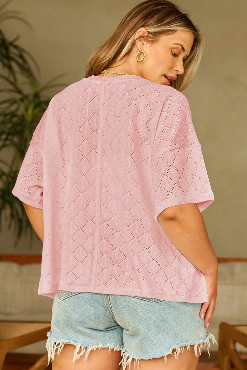 Sky Blue Pointelle Rhombus Knit Plus Size V Neck Loose Top