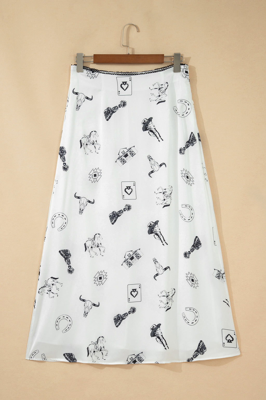 Beige Western Print Satin Long Skirt
