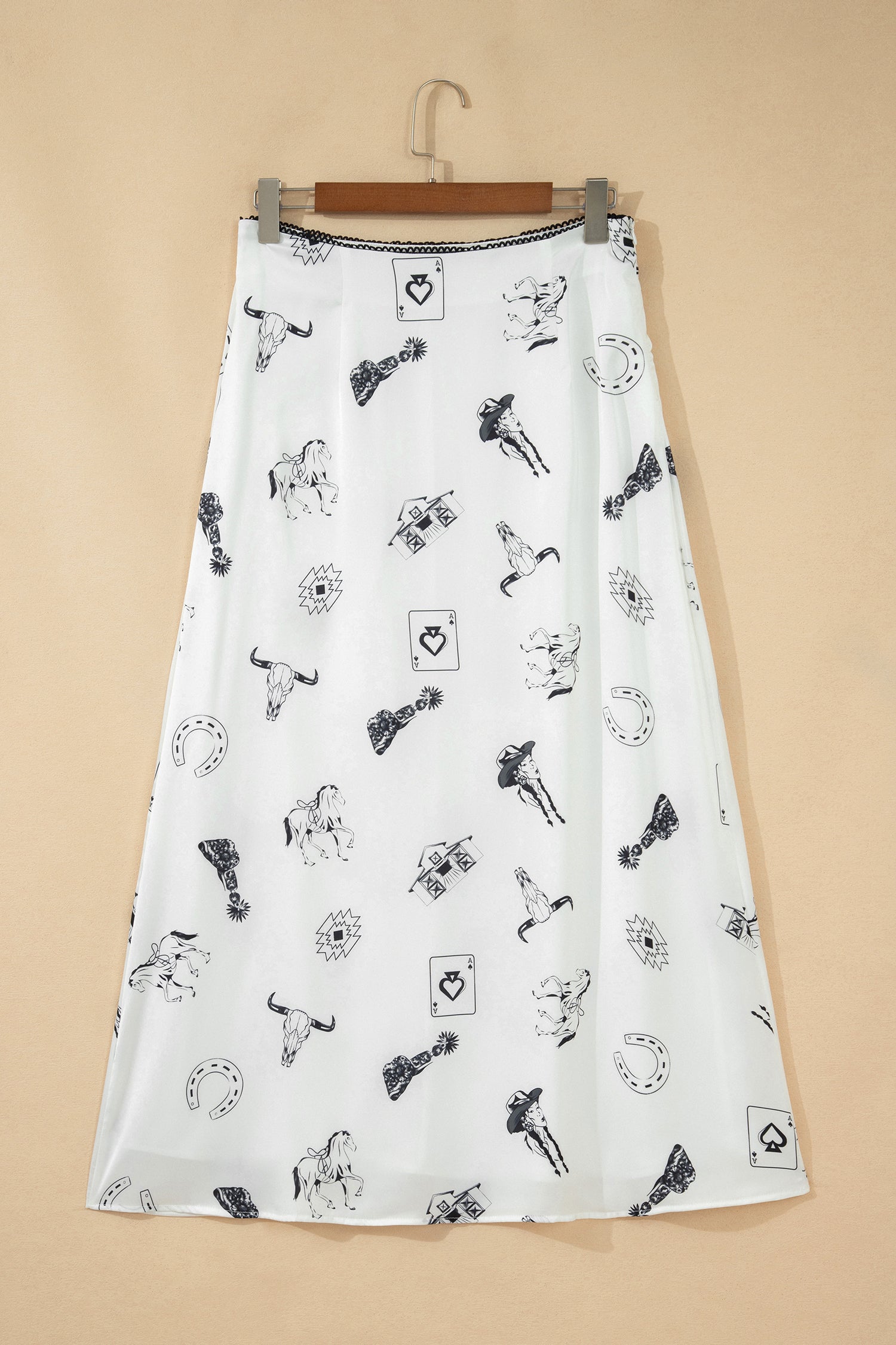 Beige Western Print Satin Long Skirt
