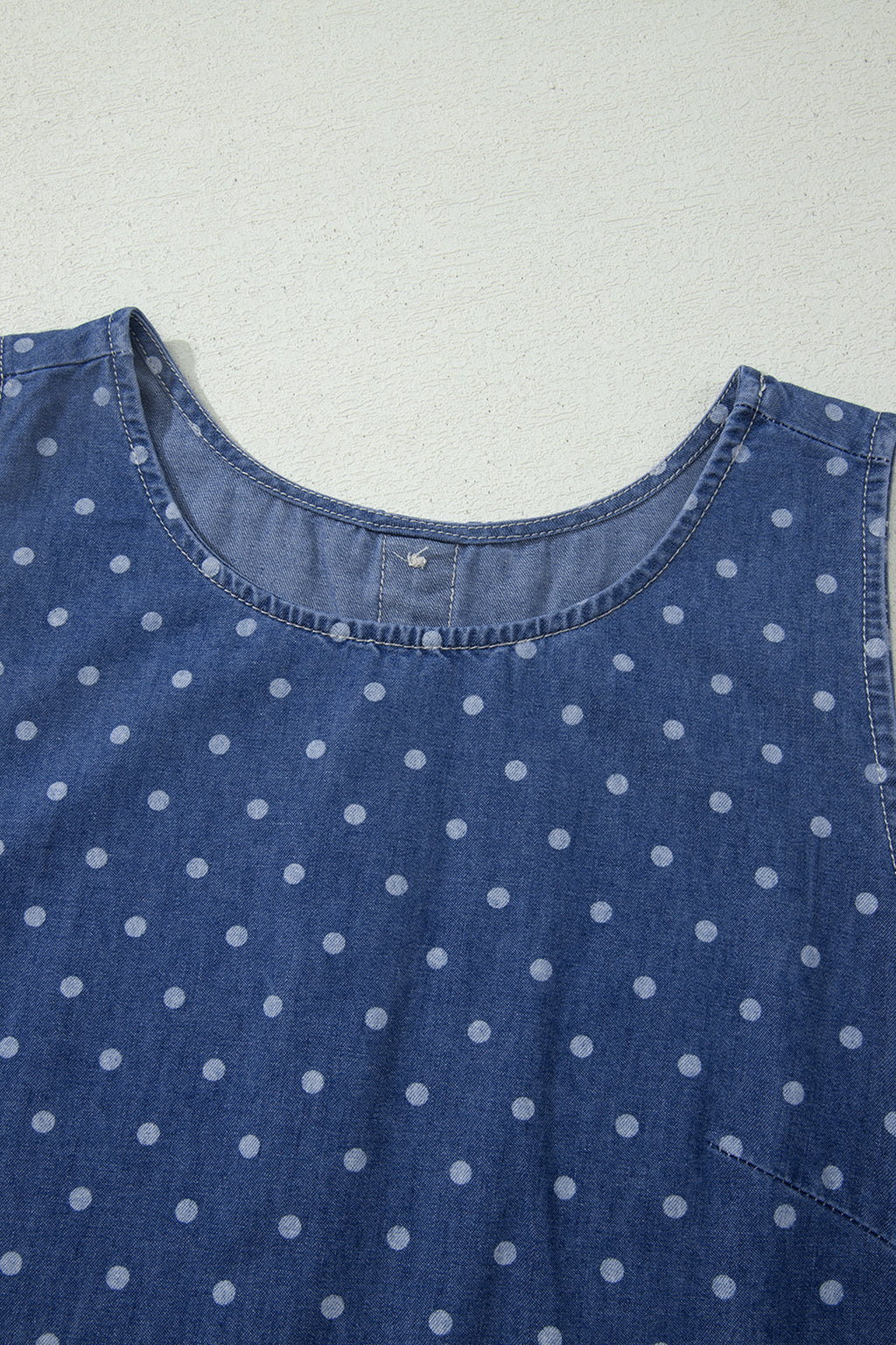 Blue Polka Dot Ruffle Hem Sleeveless Denim Mini Dress