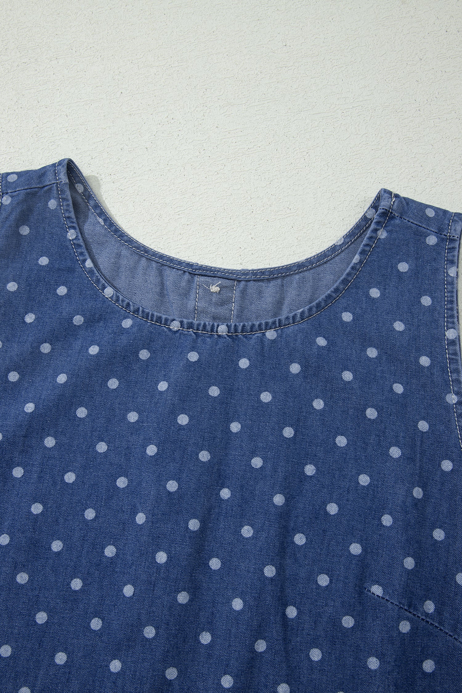 Blue Polka Dot Ruffle Hem Sleeveless Denim Mini Dress