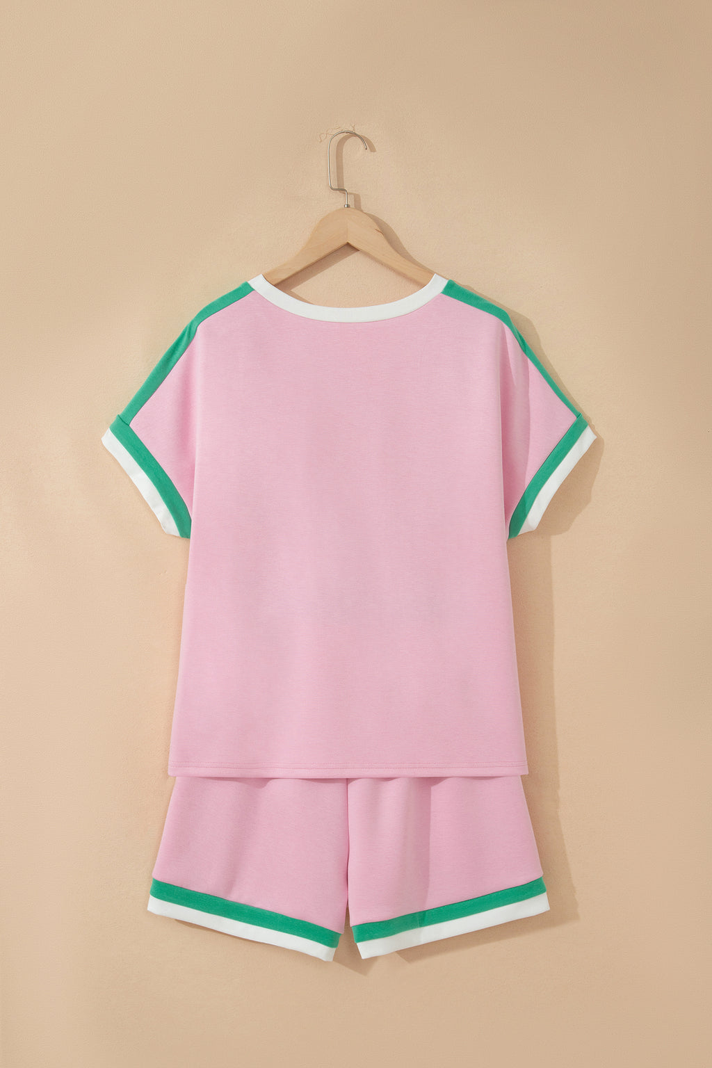 Bonbon Striped Trim Casual Tee Drawstring Shorts 2pcs Set