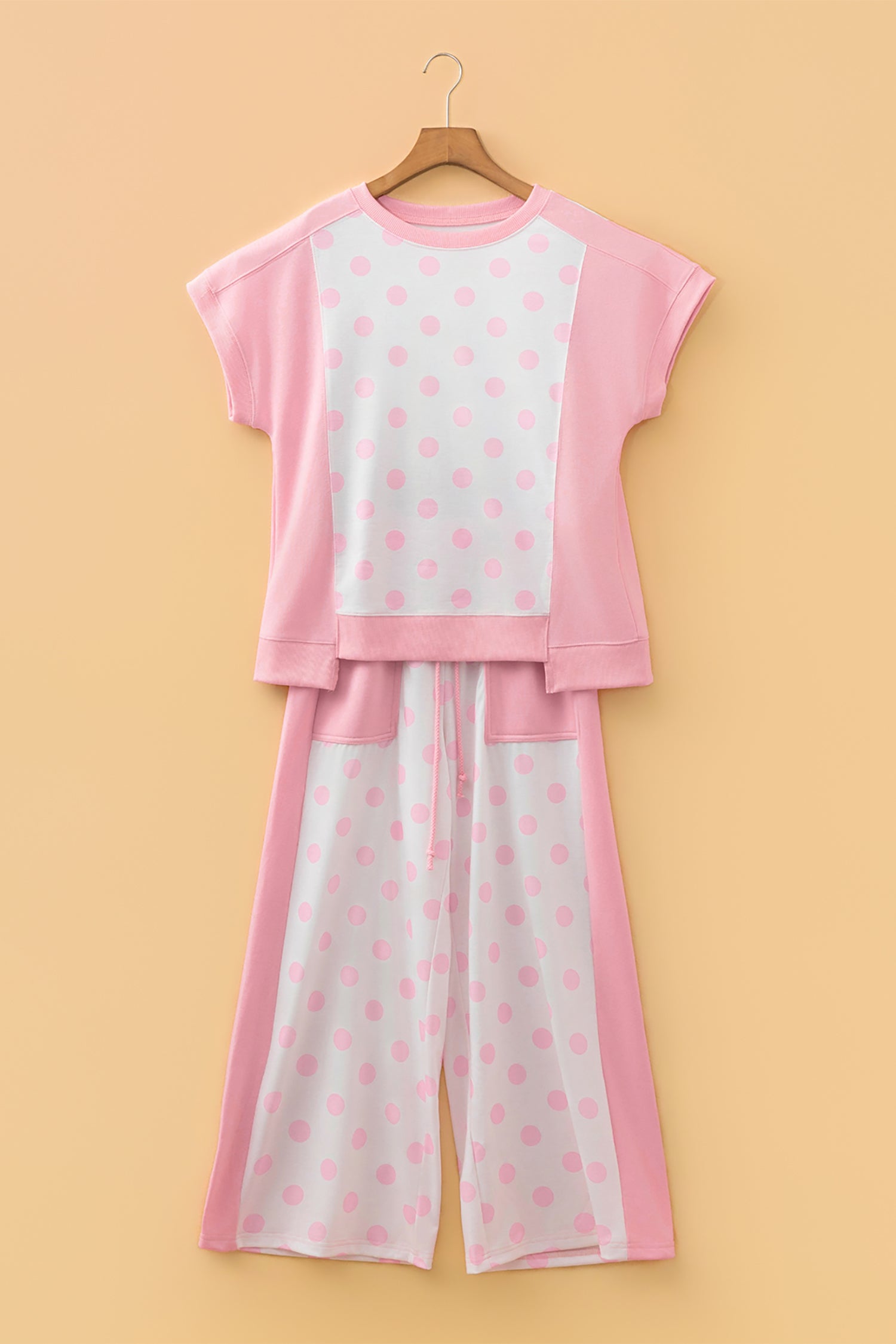 Pink Color Block Patchwork Polka Dot Wide Leg Pant Set