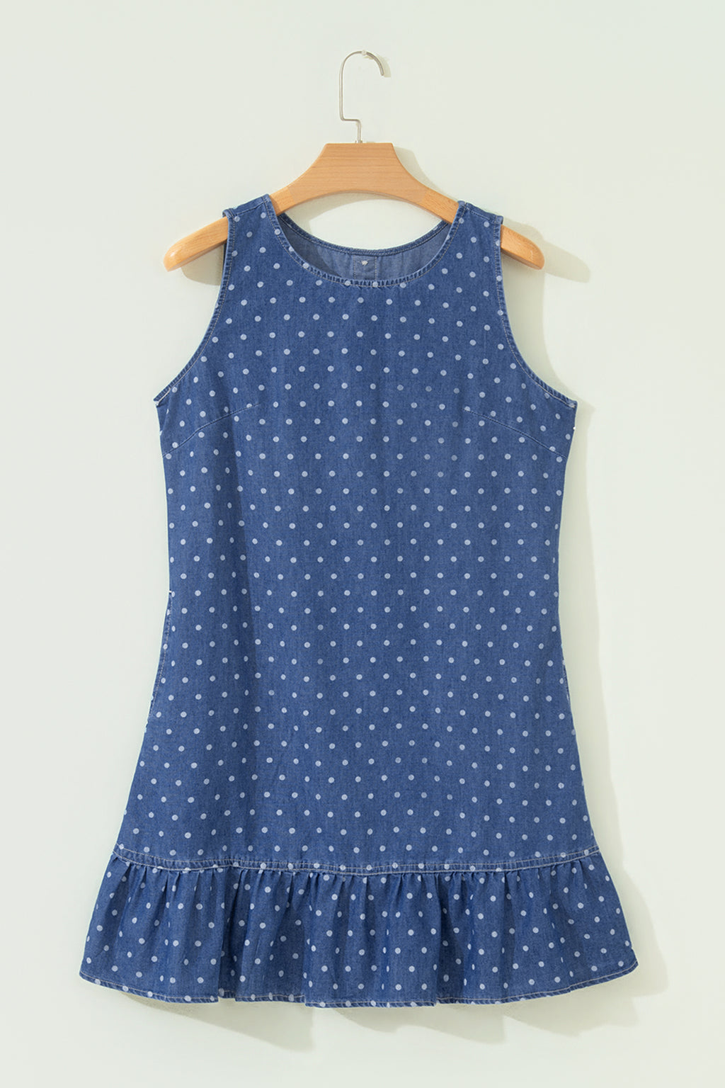 Blue Polka Dot Ruffle Hem Sleeveless Denim Mini Dress