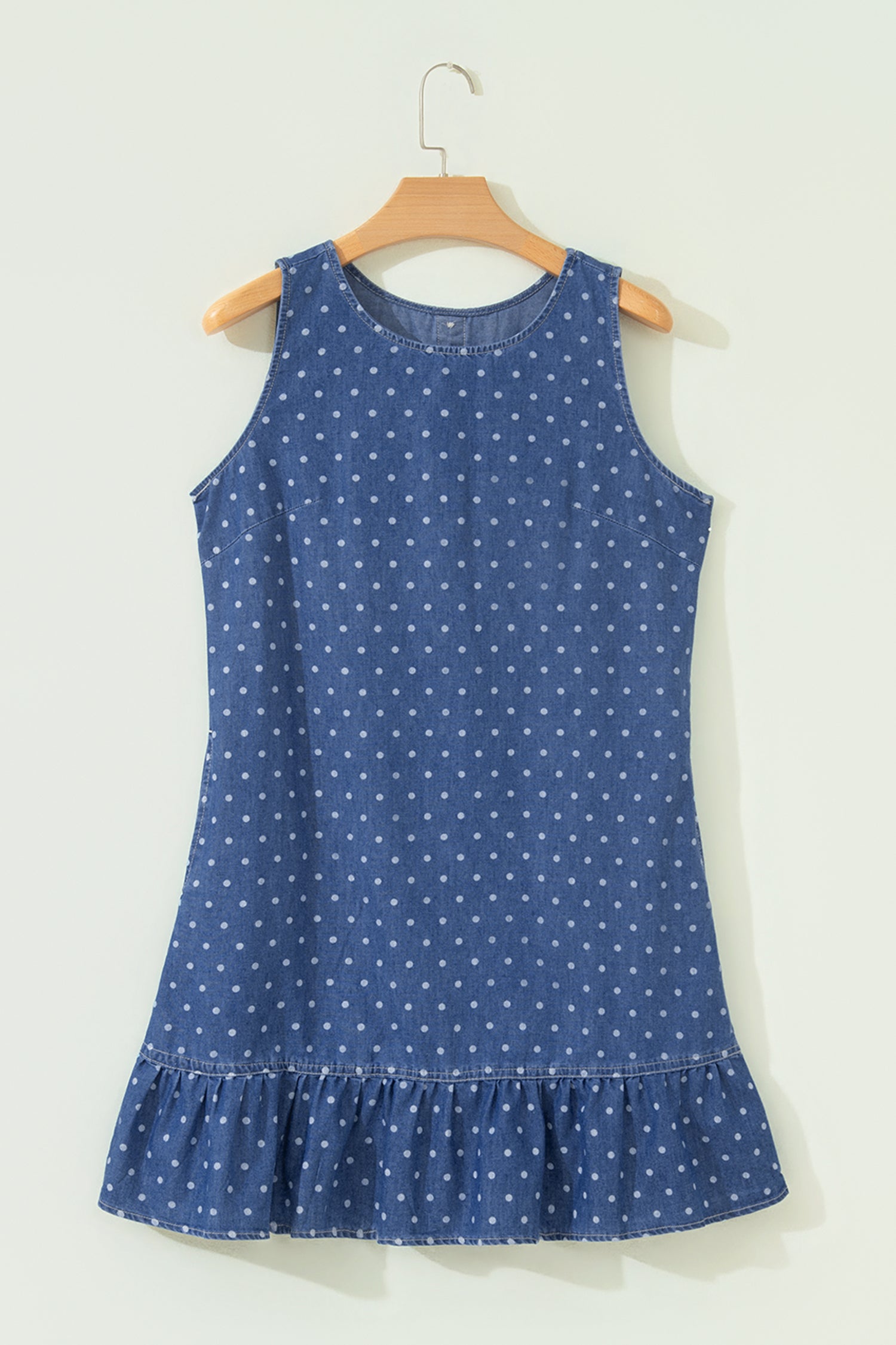 Blue Polka Dot Ruffle Hem Sleeveless Denim Mini Dress