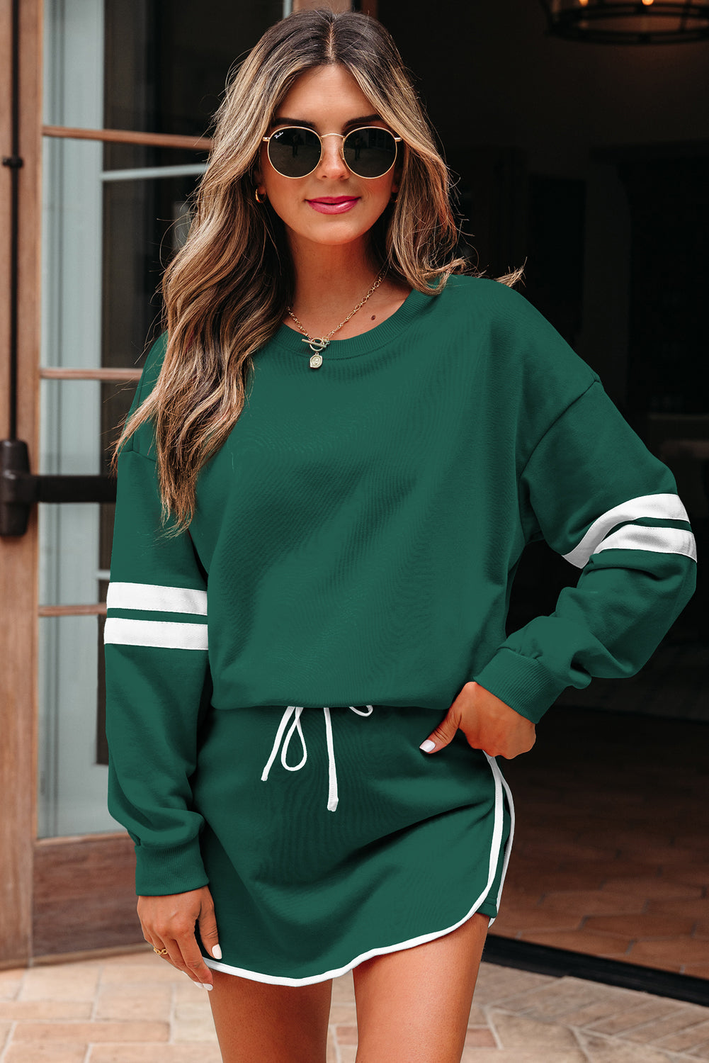 Black Varsity Stripe Detail Drop Shoulder Pullover Mini Skort Set