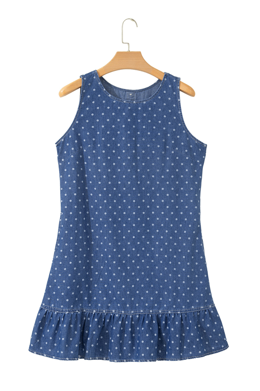 Blue Polka Dot Ruffle Hem Sleeveless Denim Mini Dress
