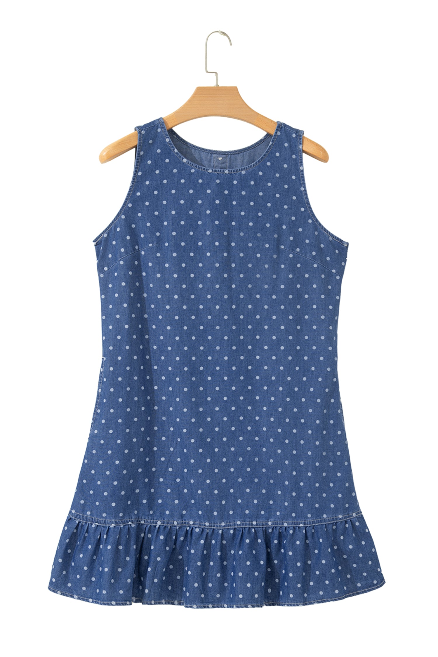 Blue Polka Dot Ruffle Hem Sleeveless Denim Mini Dress