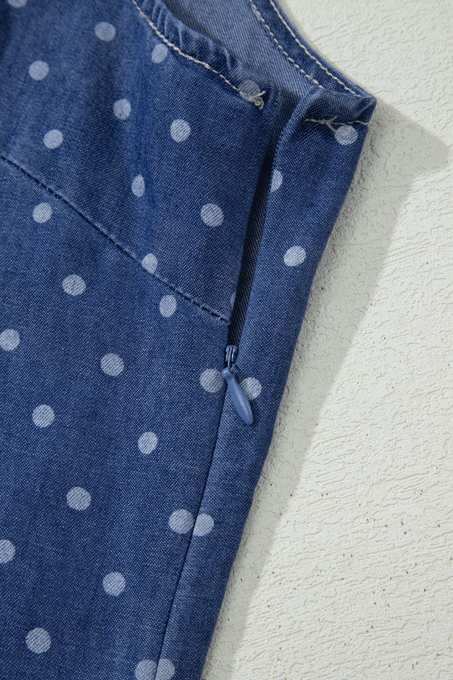 Blue Polka Dot Ruffle Hem Sleeveless Denim Mini Dress