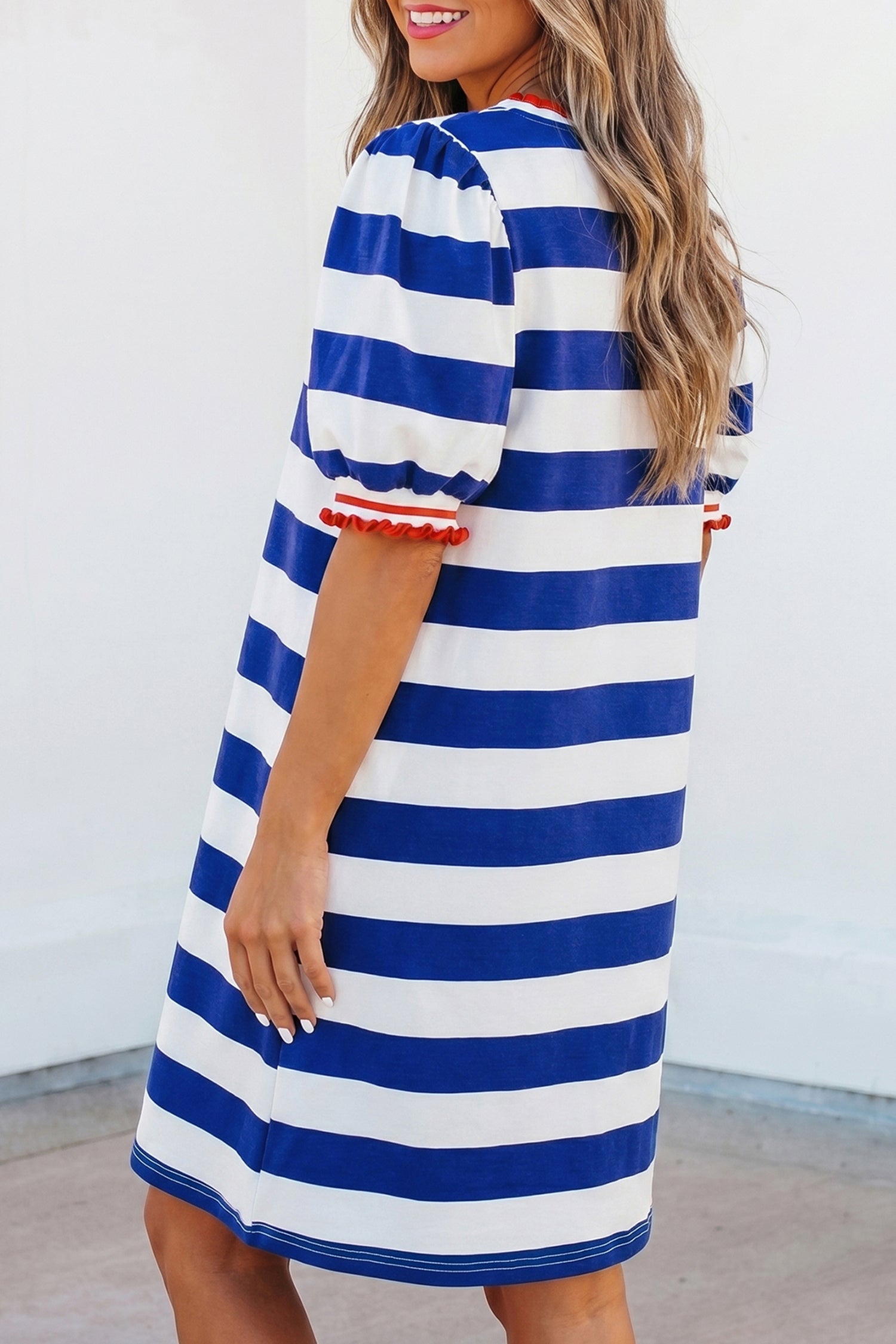 Red Stripe Contrast Trim Round Neck Short Puff Sleeve Shift Mini Dress