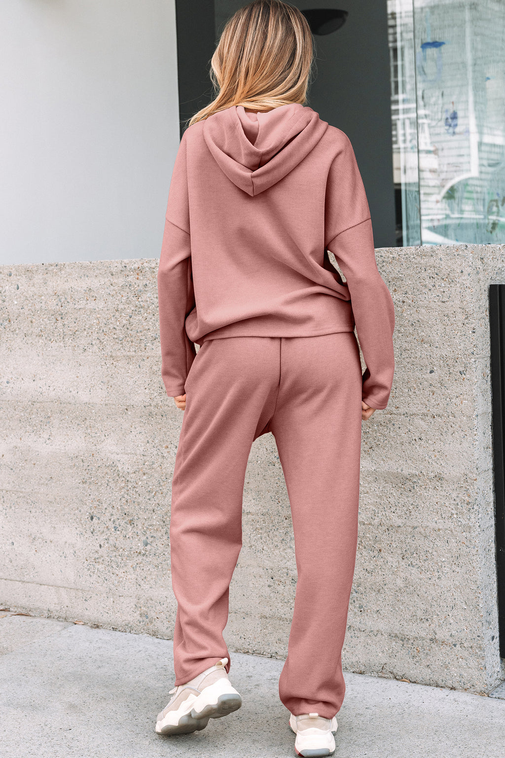 Casual Lace Drawstring Pullover Hoodie and High Waist Pants Corduroy Suit