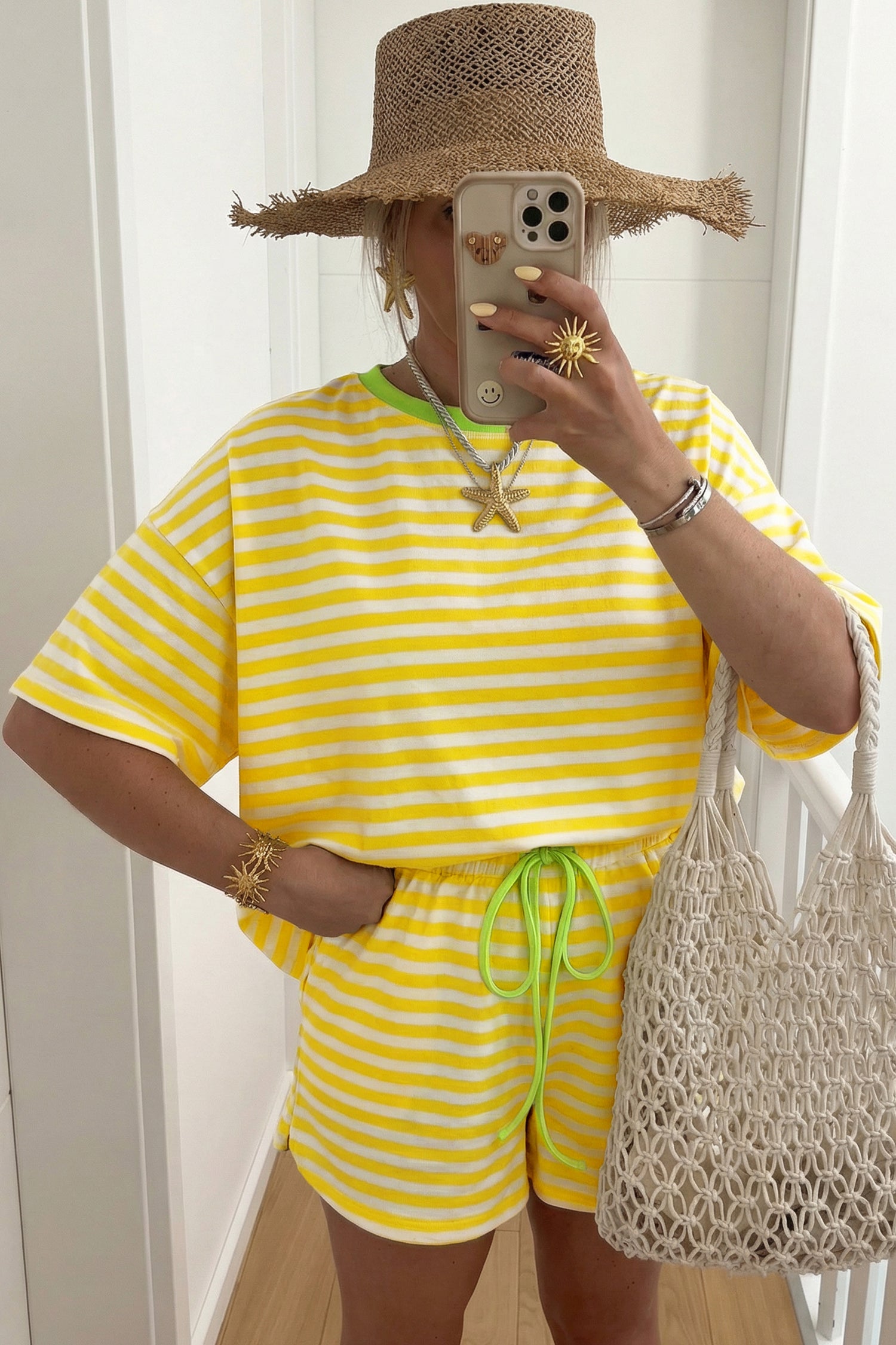 Sky Blue Stripe Contrast Neck Loose Tee and Drawstring Shorts Set