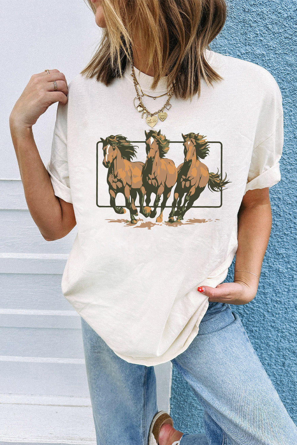 White Texas Horse Graphic Cuffed Sleeve Graphic T Shirt