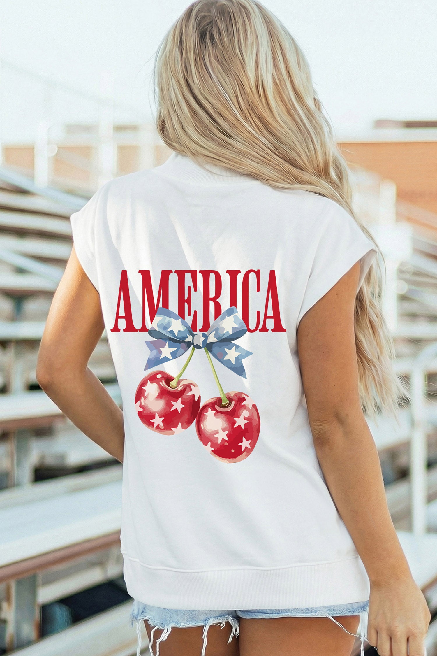 White Mock Neck Short Sleeve Cherry Print America Slogan Casual Top