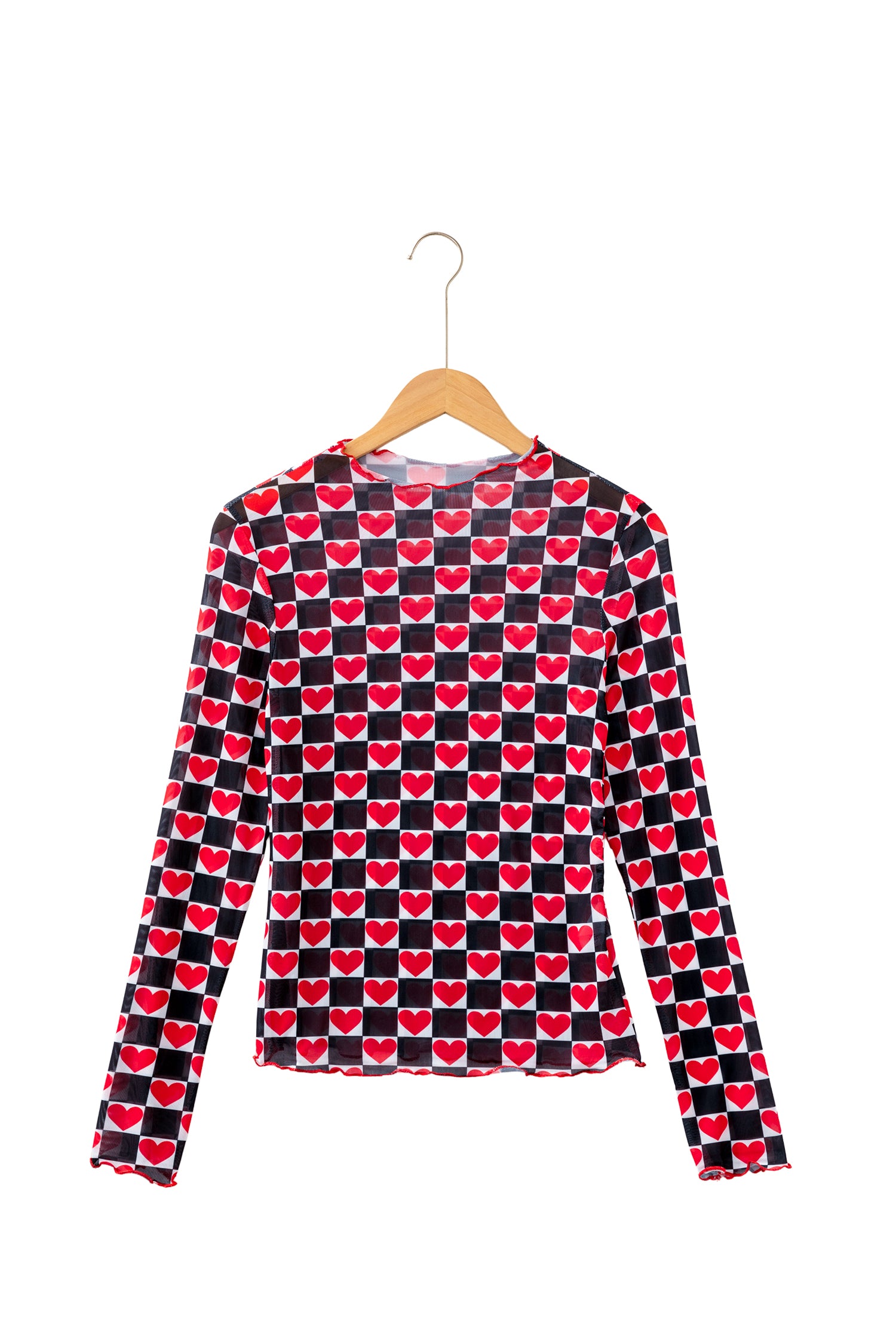 Rose Plaid Heart Mesh Sheer Long Sleeve High Neck Blouse