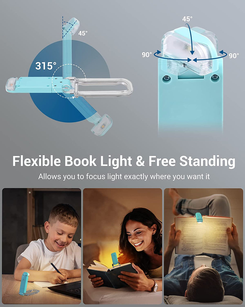 Book Reading Light with Clip, USB Rechargeble Booklight (Blue) | Brightness Adjustable, Amber & Warm White Glow, Flexible Lighting Angle, Sleep Aid Light for Kids, Bookworms, Adults