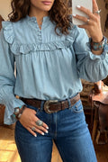 Beau Blue Western Ruffle V Neck Long Sleeve Chambray Blouse